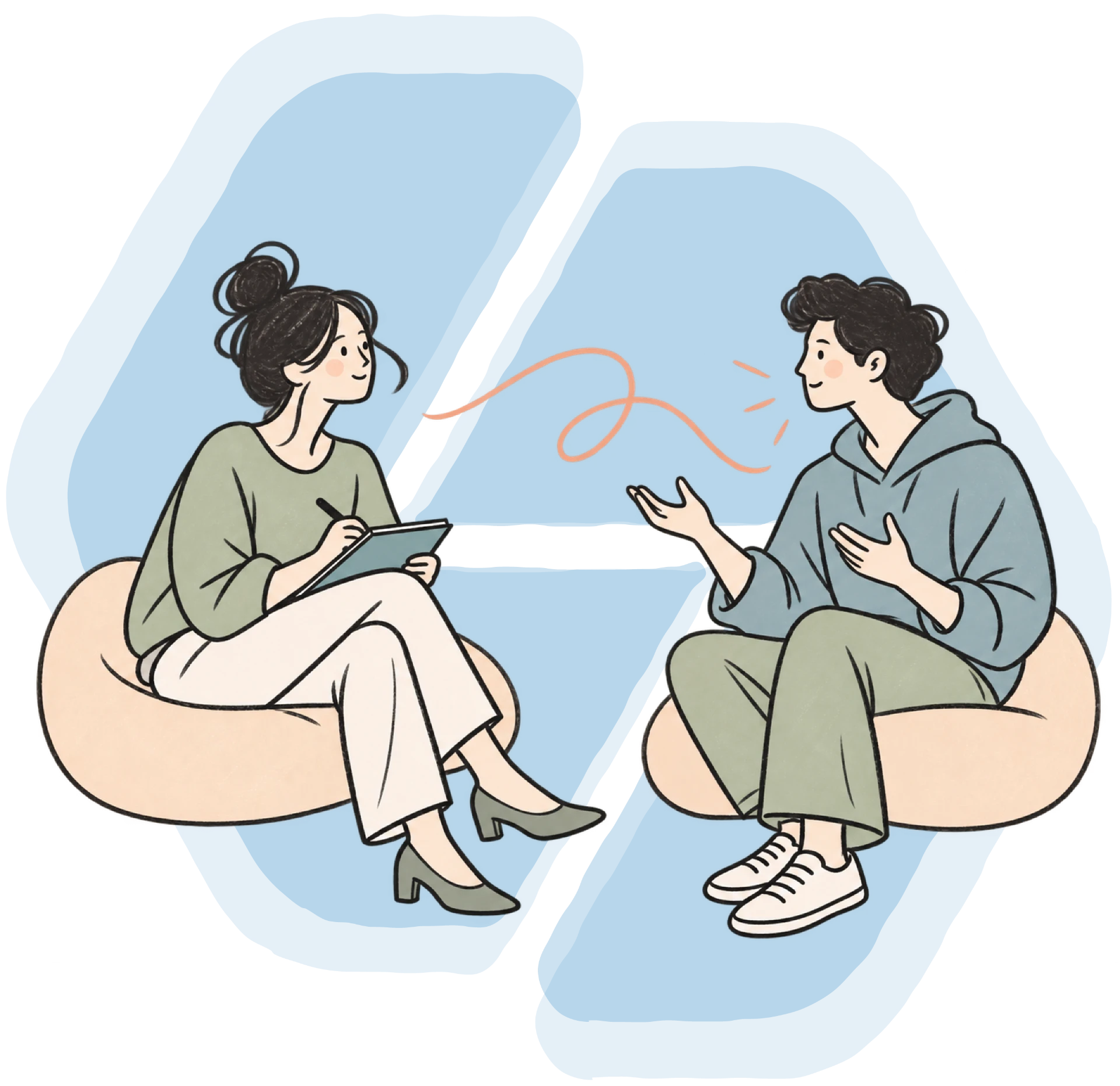 Illustrazione di una psicologa in dialogo con una persona durante una seduta